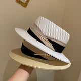 Straw Hat Dual-Color Patchwork Decorative Flat Top Hat