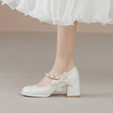 Nude Pumps Block Heel Mary Jane Women's Shoes Bow Thick Heel Leather Shoes