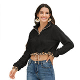 Women Sherpa Jacket Exposed Navel Leopard Print Color Matching Drawstring Sweatshirt Plush Women's Clothing