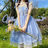 Gothic Lolita Harajuku Style Clothing Translucent Peter Pan Collar Short Sleeve Inner Plaid Lolita Dress