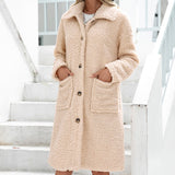 Women Sherpa Jacket Lapel Cardigan Plush Long Single-Breasted Lambswool Trench Coat