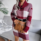Sweater Dress Outfit With Tights 2 Pieces Set Autumn Casual Plaid High Collar Sweater Dress Knitted Dress