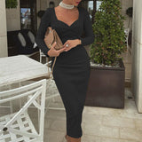 Women Bohemian Dress Autumn Solid Color Sexy Bag Arm Midi Dress