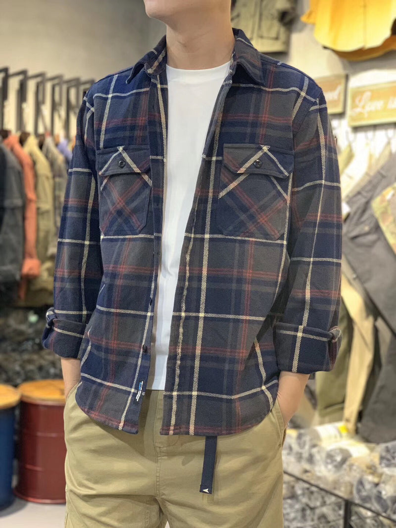 Mens Flannel Jacket Autumn and Winter Thickening Vintage Thick Brushed Washed Overalls Plaid Shirt Coat