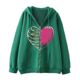 Skeleton Hoodie Winter Fleece Women's Long Sleeve Hoodie Heart-Shaped Clothes Printed Zipper