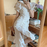 Gothic Lolita Harajuku Style Clothing Drawstring Lace White Mid-Length Dress