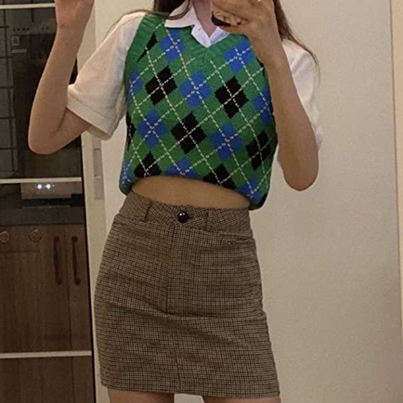 Preppy Aesthetic Outfits Women's Diamond Plaid Sleeveless Sweater Preppy Style Woolen Vest for Women