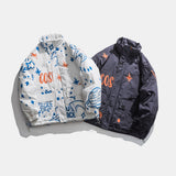 Man Fall Winter Outfis Winter Cartoon Full Printed Stand-up Collar Cotton-Padded Clothes Loose Leisure Warm