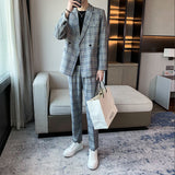 Seersucker Suit Leisure Suit Coat Top Plaid Single Breasted Two-Piece Set Men's Clothing