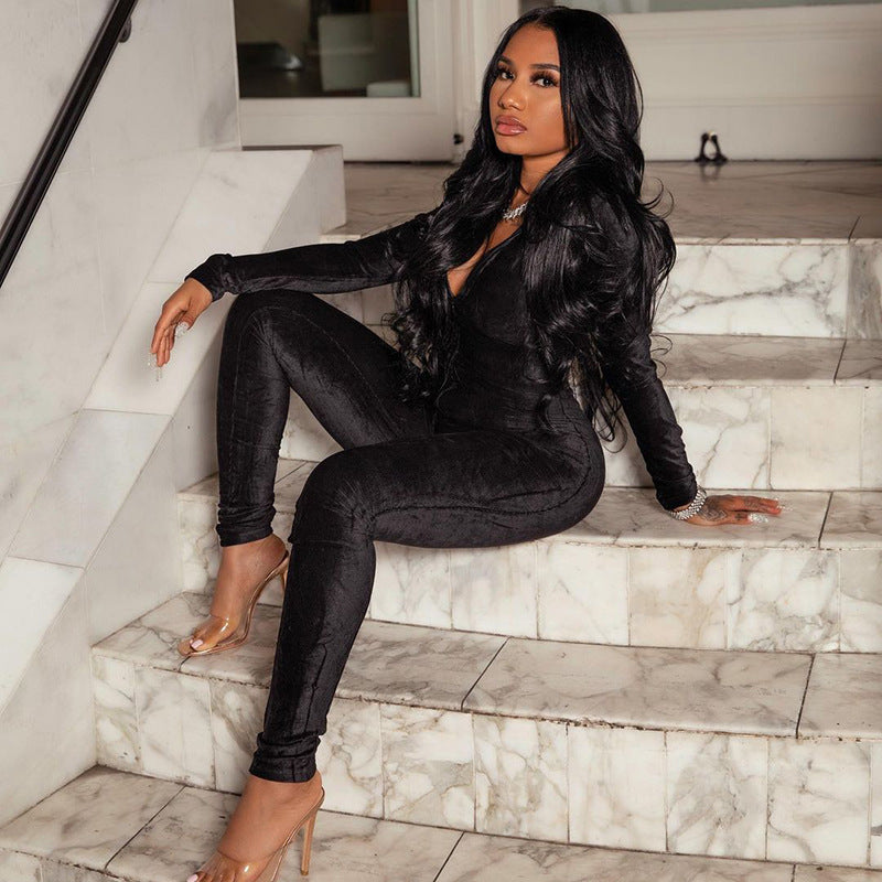 Women's Autumn and Winter Clothing Velvet Lapel High Waist Tight Casual Sports Jumpsuit for Women