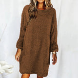 Work Dresses for Girls Autumn and Winter Solid Color Comfortable Plush Long Sleeve round Neck Loose Dress
