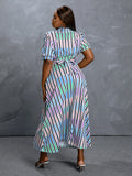 Women Plus Size Maxi Dresses Striped Printing Color Contrast Long Sleeve Shirt Dress