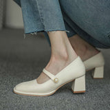 Nude Chunky Heel Chunky Heel Mary Jane Shoes Leather Shoes