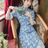 Women cottagecore Dress Vintage Blue Chiffon Floral Dress Summer Elegant Slightly Mature Style