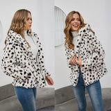 Women Dalmatian Coat Leopard Print Stud for Autumn and Winter Coat Loose Hooded Lambswool