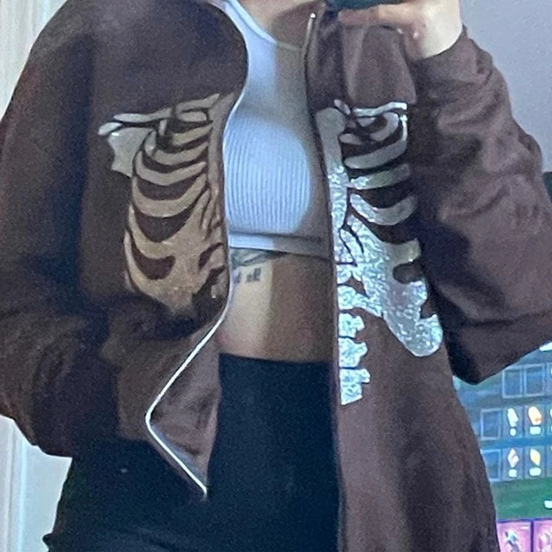 Skeleton Hoodie Spring and Autumn Leisure Sweatshirt Halloween Skull Print Pullover Hooded Zip Cardigan