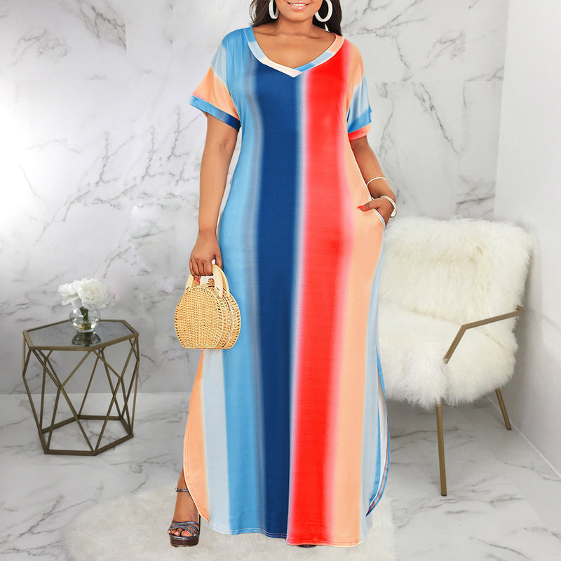 Women Plus Size Maxi Dresses Summer Color-Striped Printing Short Sleeve Dress