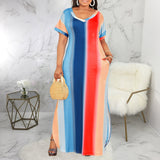 Women Plus Size Maxi Dresses Summer Color-Striped Printing Short Sleeve Dress