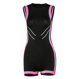 Summer Women's Printed Contrast Color Sexy Sleeveless Sheath Tight Sports Jumpsuit