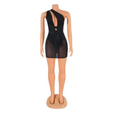 Kesha Black Dress Fashion Sexy Tight Mesh Irregular Sloping Shoulder Dress