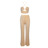 Women Top & Pant 2 Piece Set Halter Sexy Cutout Vest Slim-Fitting Straight Pants Suit