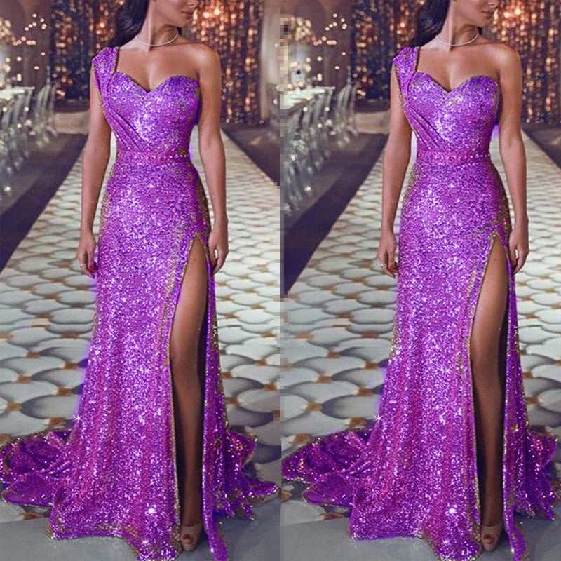 The Great Gatsby Daisy Dress Sexy One-Shoulder Sleeveless Bronzing Dress Split Dress