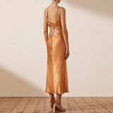Women Summer Dresses Midi Dress  Sexy V-neck Backless Tied Spaghetti-Strap Long Dress
