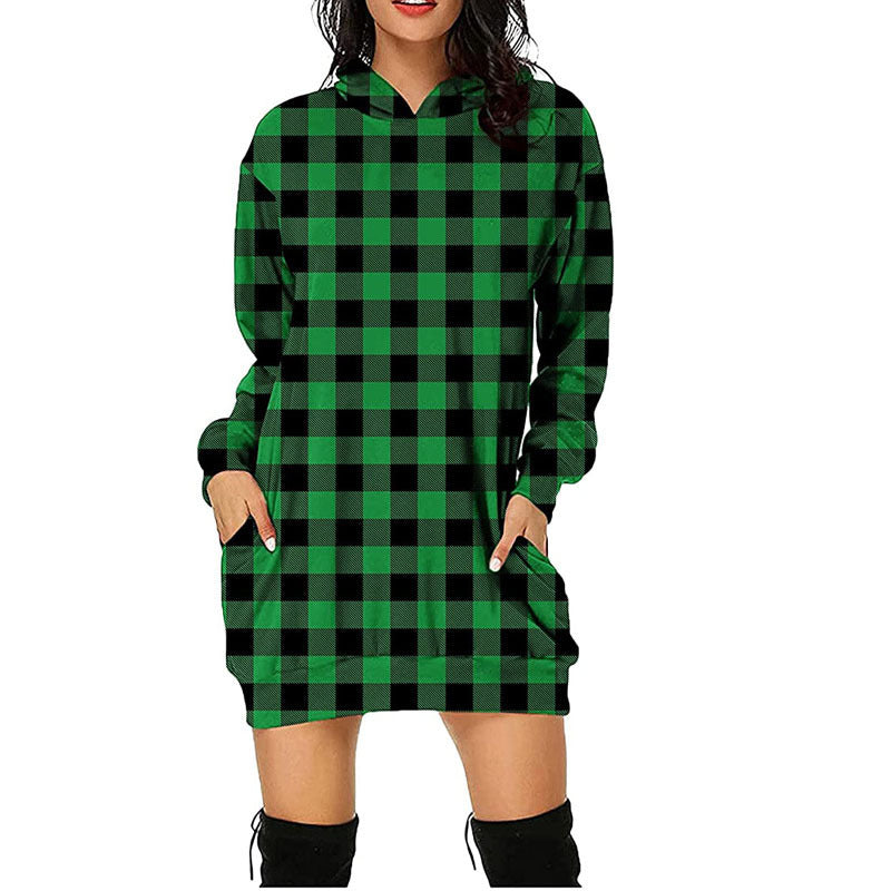 Work Dresses with Pockets Printed Plaid Hooded Long Sleeve Sweater Women's Clothing