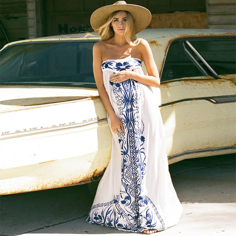 Bohemian Embroidered Floral Tube Top Sexy Fashion Dress Long Dress