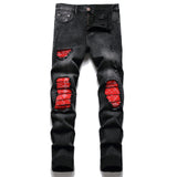 J Shaped Jeans Stitching Hole Patch Stick-on Crystals Men's Straight Stretch Jeans