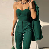 Women Top & Pant 2 Piece Set Winter Camisole Slim-Fit Straight Trousers Suit