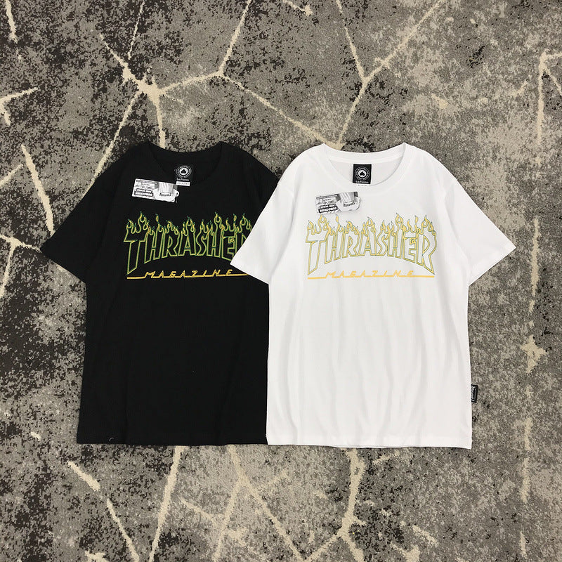 Thrasher T Shirt Summer Classic Flame Line Printed T-shirt Loose