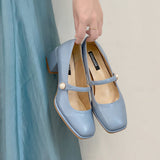 Nude Pumps Block Heel Mary Jane Leather Shoes