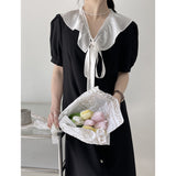 Kim Kardashian Marilyn Monroe Dress Summer Solid Color Dress Women's French Retro Mid-Length Lapel A- line Dress
