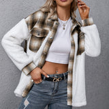 Women Sherpa Jacket Stitching Loose Casual Plush Shirt Plaid Jacket Jacket