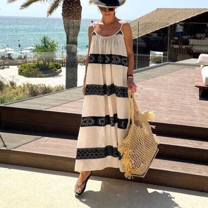 Women Bohemian Dress Women's Summer Sexy Strap Backless Striped Printed Dress