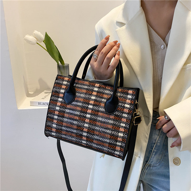 The Teacher Tote Vintage Crossbody Large Capacity Shoulder Bag Simple Color Plaid Stitching Portable Women's Bag