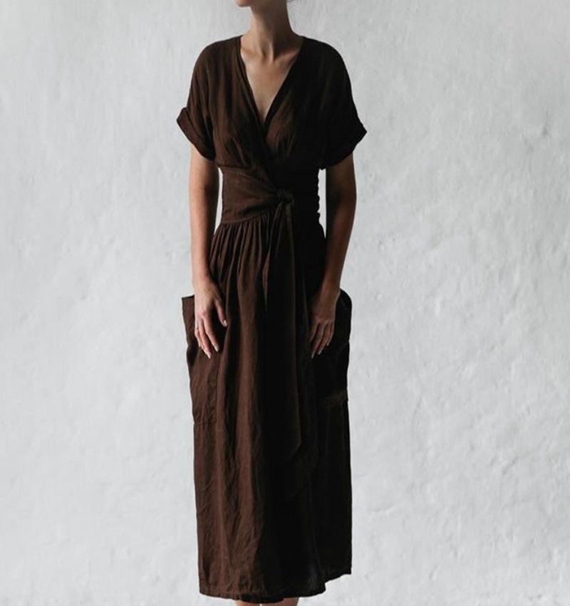 Work Dresses with Pockets Women's V-neck Short Sleeve Pocket Solid Color Dress