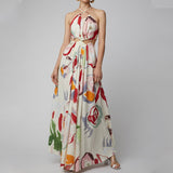 Women Dreese Backless Printed Flower Large Swing Suspender Skirt Seaside Sexy Beach Dress