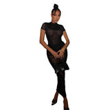 Kesha Black Dress Sexy Mesh See-through Pleating Short Sleeve Dress for Women