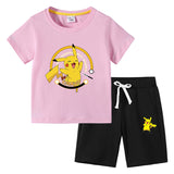 Children Pokemon Pikachu Tshirts & Shor Cotton Short-Sleeved Shorts Two-Piece Set