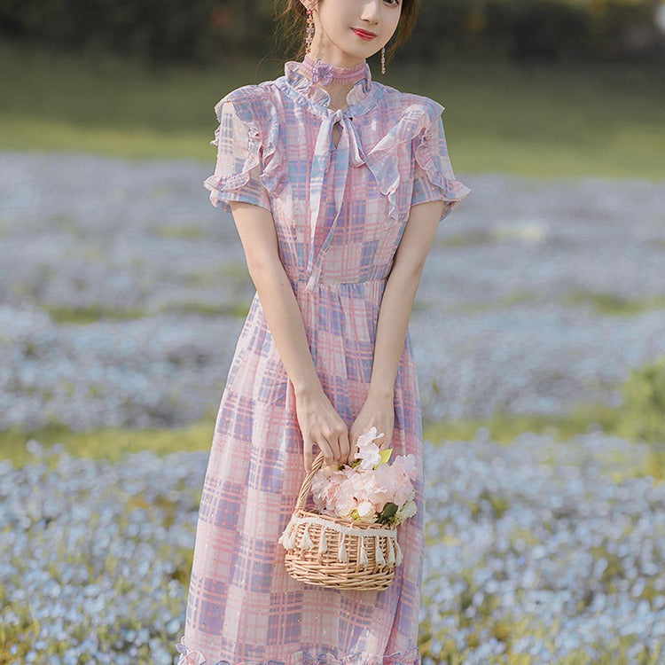 Women's cottagecore Dress Printed Plaid Dress Short Sleeve Women's Summer