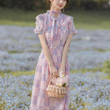 Women's cottagecore Dress Printed Plaid Dress Short Sleeve Women's Summer