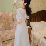 Women cottagecore Dress Summer Retro White Square-Cut Collar Dress
