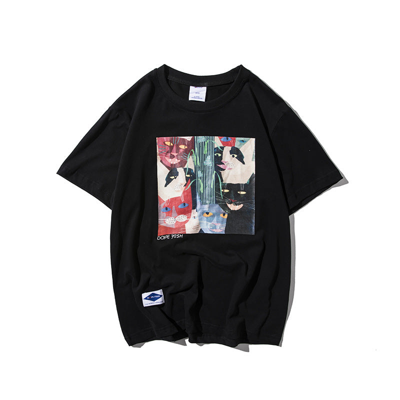 Men's T-shirt Summer Cartoon Cat Printing Fashion Brand Crew Neck Casual Tee Short Sleeve T-shirt