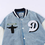 Letterman Jacket Outfit Senior Jackets Varsity Baseball Coat Men's Loose Lapel Denim Jacket