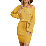 Sweater Dress Outfit With Tights 2 Pieces Set Autumn and Winter Knitted Solid Color Slim Women's Long Sleeve off-Shoulder Dress