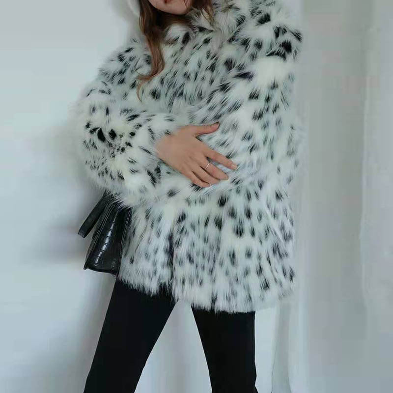Women Dalmatian CoA Spotted Leopard Fur Coat Mid-Length Women