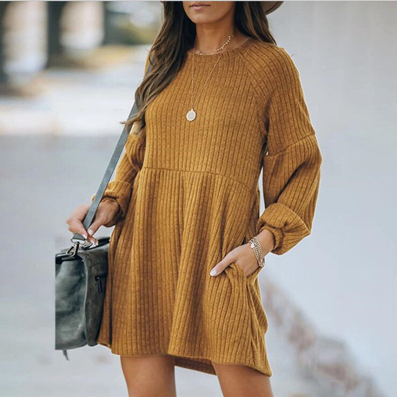 Work Dresses with Pockets Autumn and Winter Women's Knitted Long-Sleeved Dress