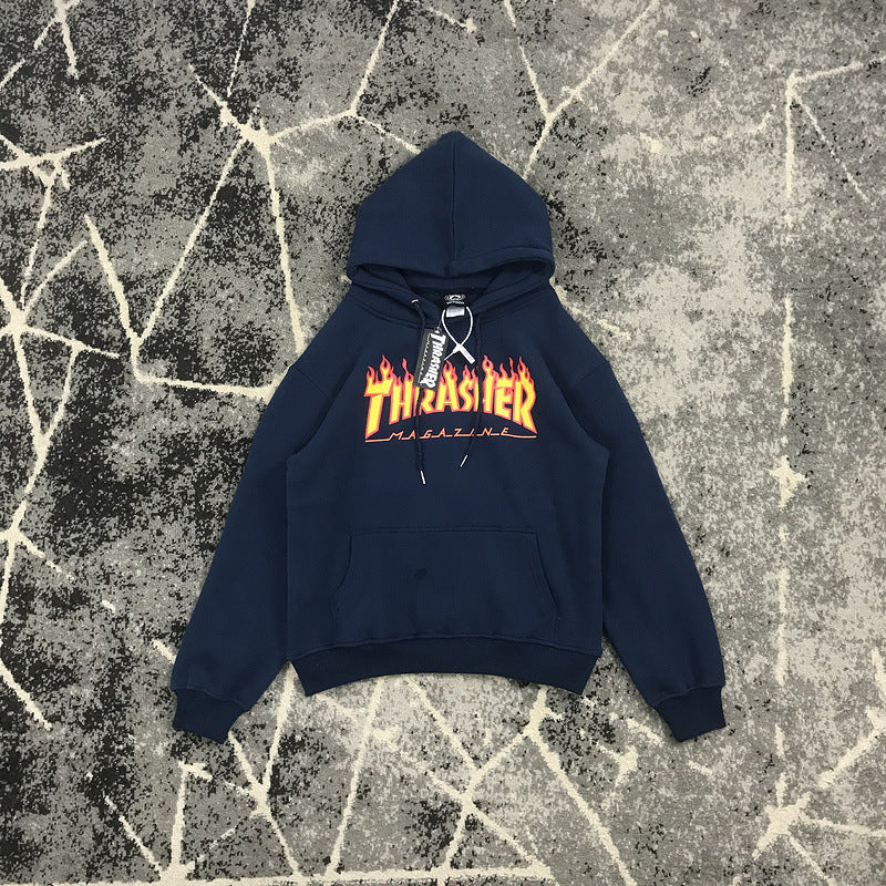 Thrasher T Shirt Loose Printed Elegant Flame Burning Sweater Fleece-Lined Couple Style